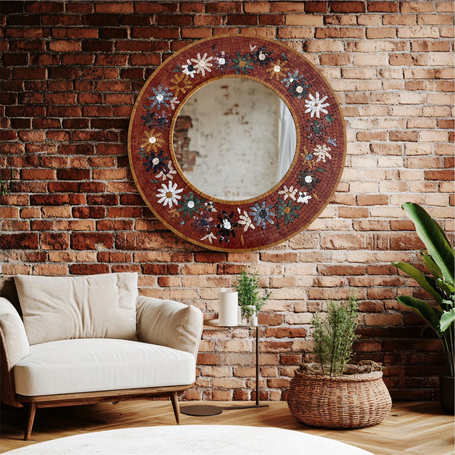 Timeless Beauty Mosaic Mirror – Handcrafted Floral Stone Art for Bedrooms